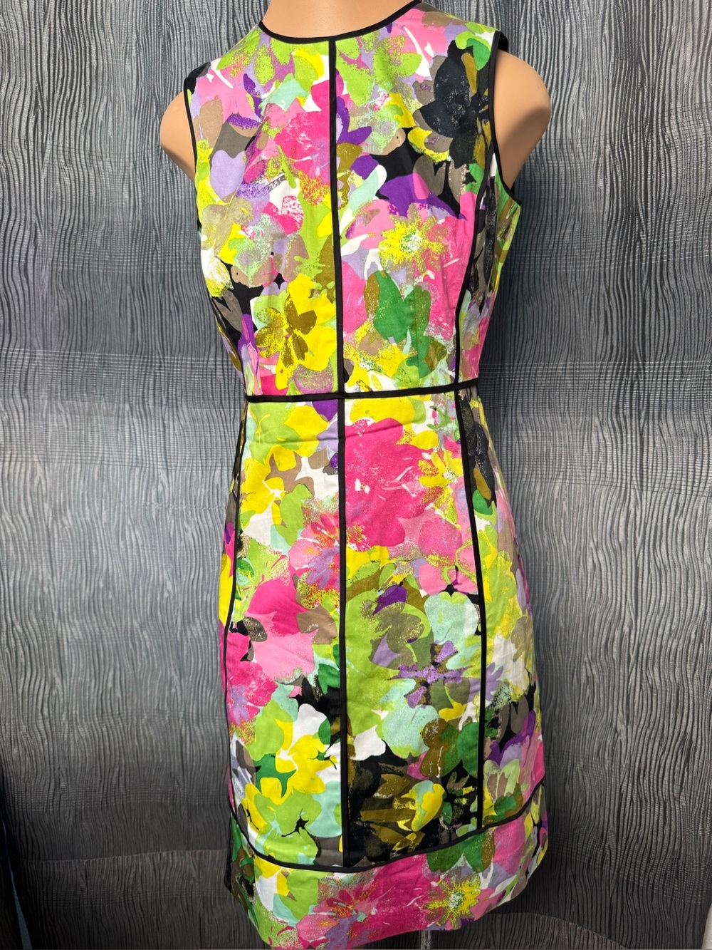 CALVIN KLEIN Multi Colored Floral Print Sheath Dress With Black Piping Accents